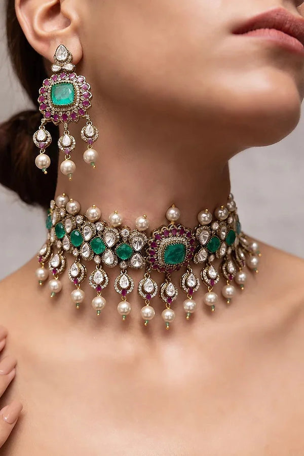 Model wearing Ruhaniyat Bollywood pearl choker set